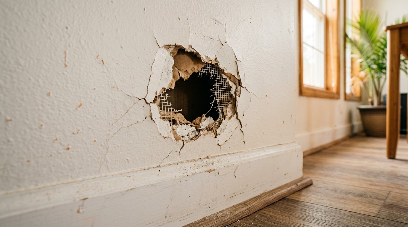 Damaged interior drywall wall with large puncture hole before repair