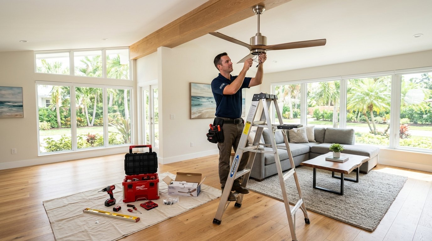 Professional Handyman installing ceiling fan fixture in Orlando Florida home